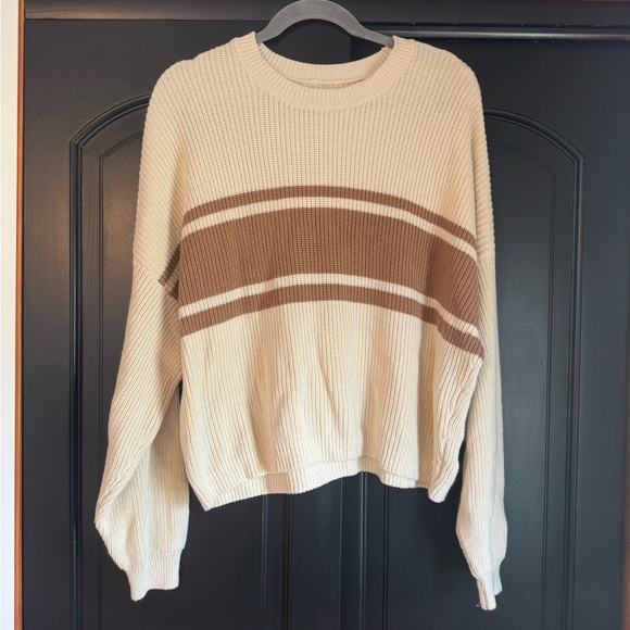 Hollister Sweaters - Hollister Cream and Brown Crew Neck Sweater with Retro Stripes